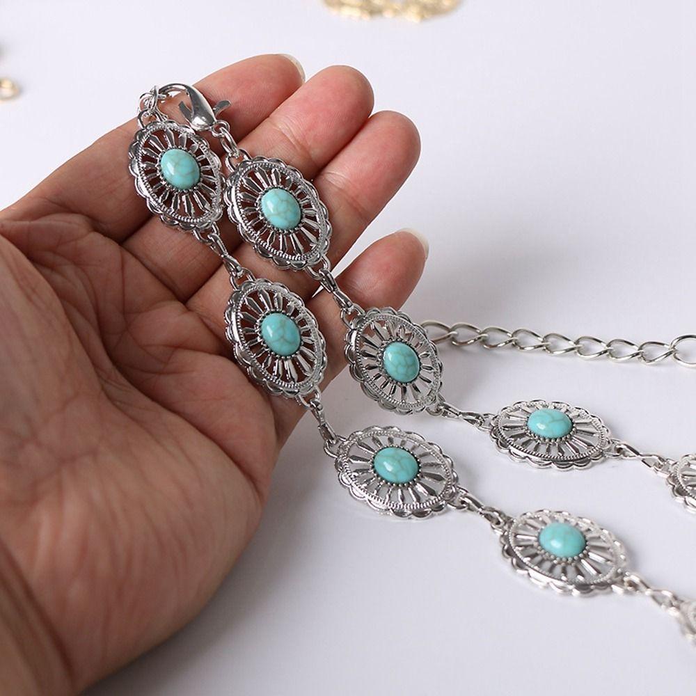 Thắt Lưng Kim Loại Y2K Đính Đá Ngọc Lam Phong Cách Bohemian