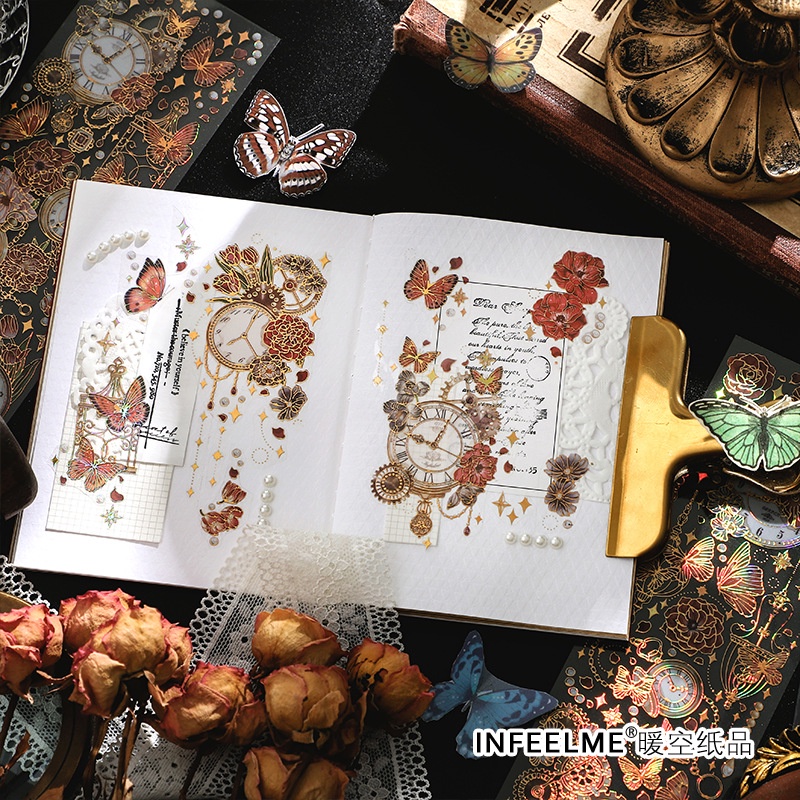 Enwei Bộ 3 Tờ Hình Dán Đồng Hồ Bướm Màu Đồng Vintage Trang Trí Sổ Tay