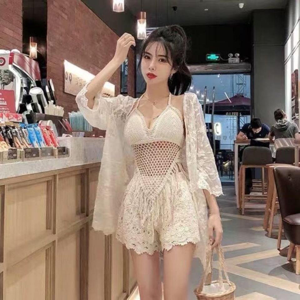 Set bikini ren móc đi biển 3 món áo bra quần khoác choàng đồ bơi đi biển