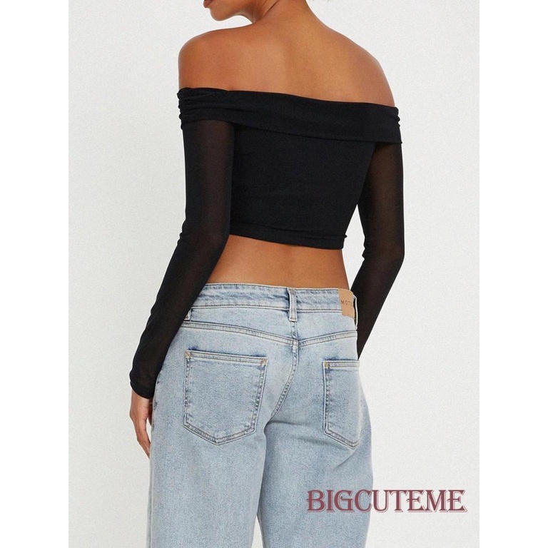 [] Áo Thun Crop Top Trễ Vai Tay Dài Phối Lưới Màu Trơn / Hoa / Da Báo Mỏng Vừa Vặn Cho Nữ