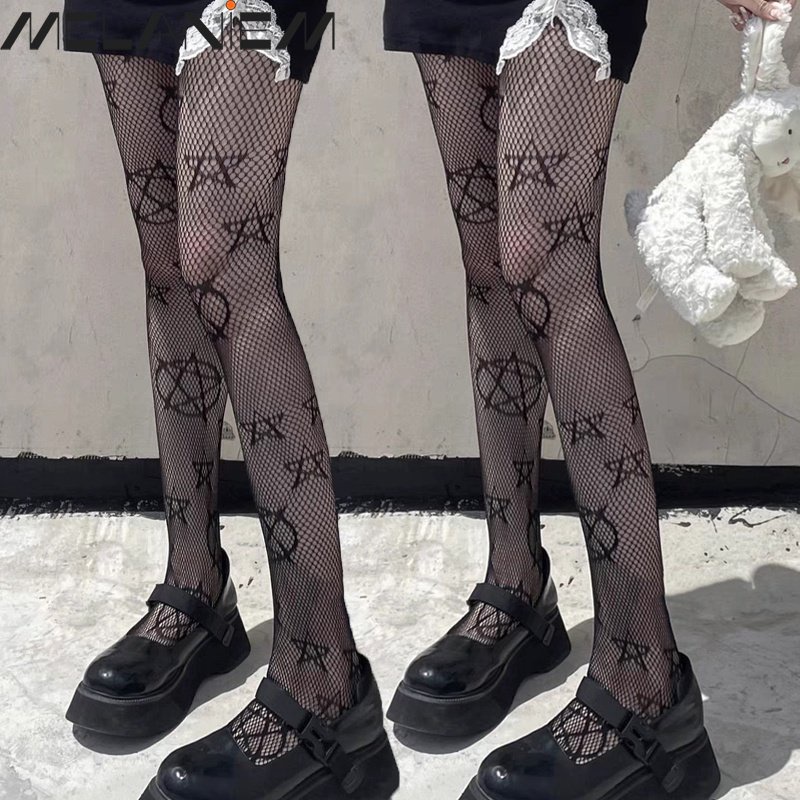 Quần Tất Lưới Đen Co Giãn Họa Tiết Ngôi Sao Năm Cánh Phong Cách Gothic Punk Thời Trang Gợi Cảm Cho Nữ