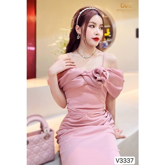 V3337 váy body trễ vai màu hồng