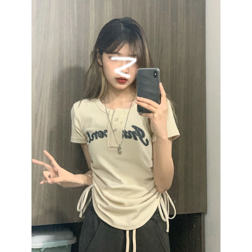 Áo Thun Croptop Tay Ngắn Dáng Ôm Phối Dây Rút Thời Trang Quyến Rũ Cho Nữ