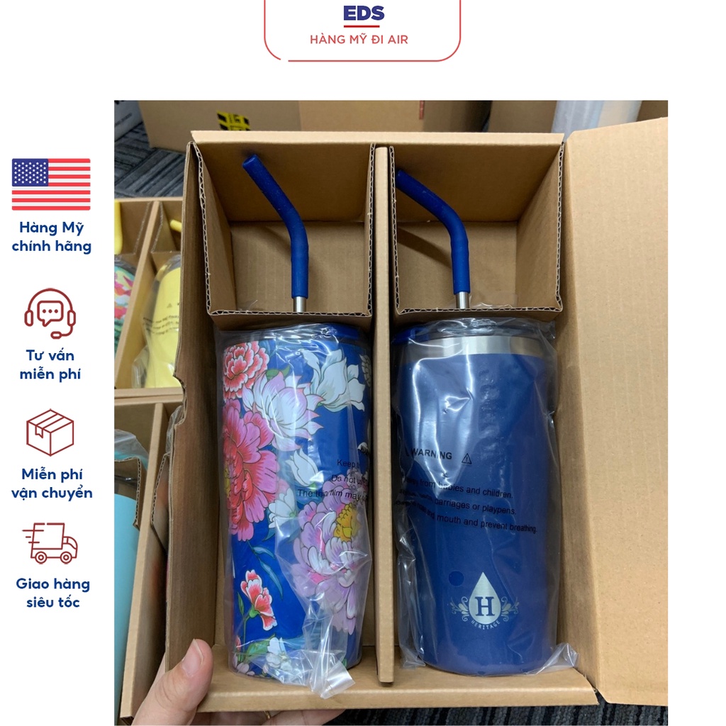 Set 2 ly giữ nhiệt thép không gỉ in họa tiết, kèm ống hút bọc silicon Heritage - EDS Hàng Mỹ