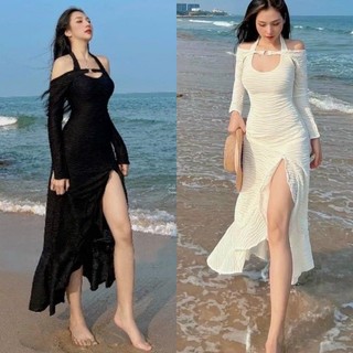 Đầm maxi xốp trắng đen độc lạ xẻ đùi phối bèo tay dài, váy tk ôm body sang trọng quyến rũ gợi cảm sexy dự tiệc đi chơi