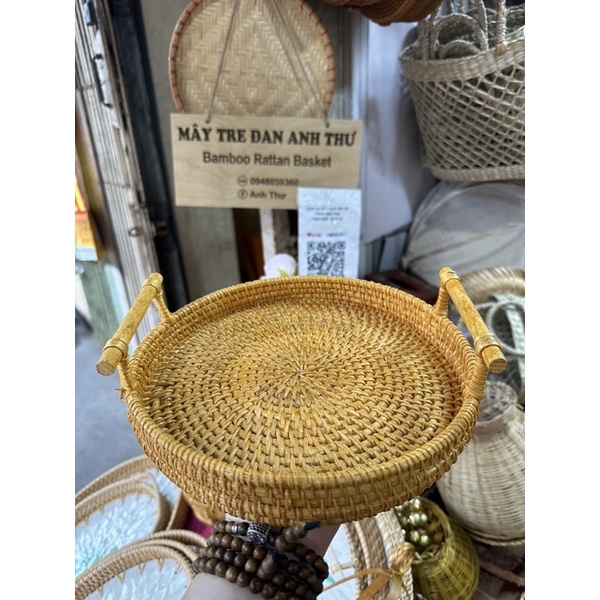 Khay, đĩa mây tay cầm gỗ size 23cm