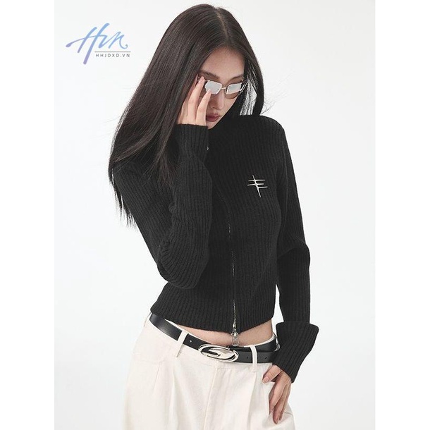 Áo Khoác Cardigan Dệt Kim Dáng Ngắn Có Khóa Kéo Thời Trang Xuân Thu Cho Nữ