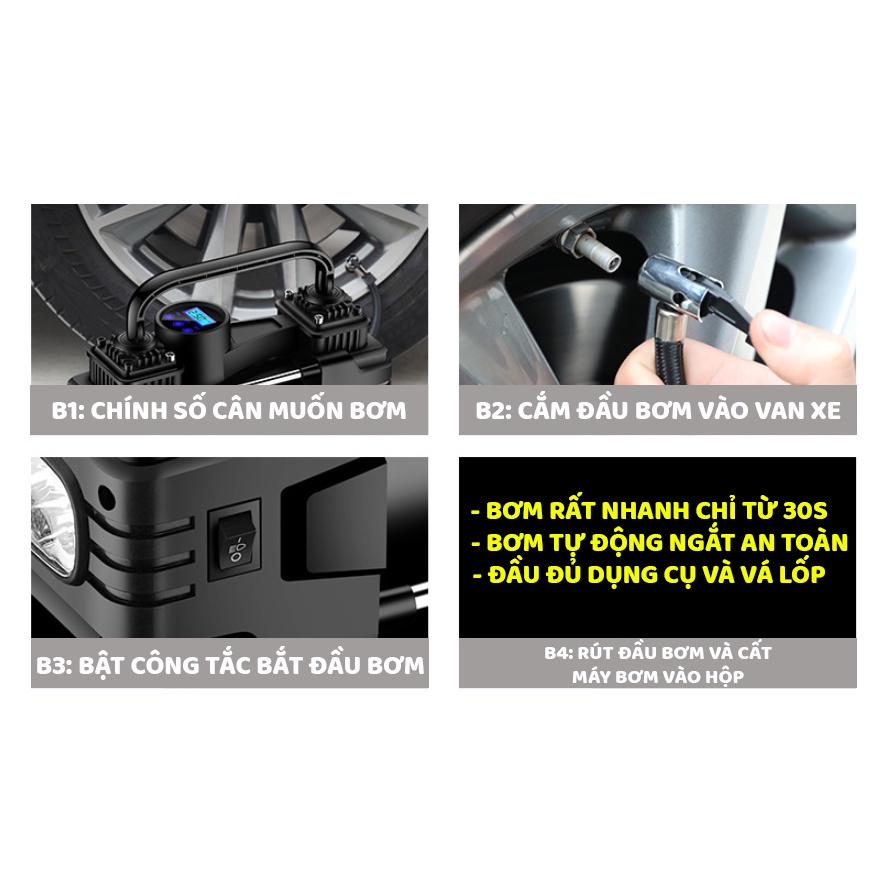 Bơm lốp xe ô tô xe máy 2 xilanh 12V đồng hồ điện tử tự ngắt chính hãng SUITU máy nén khi ô tô đi đường dài đi phượt