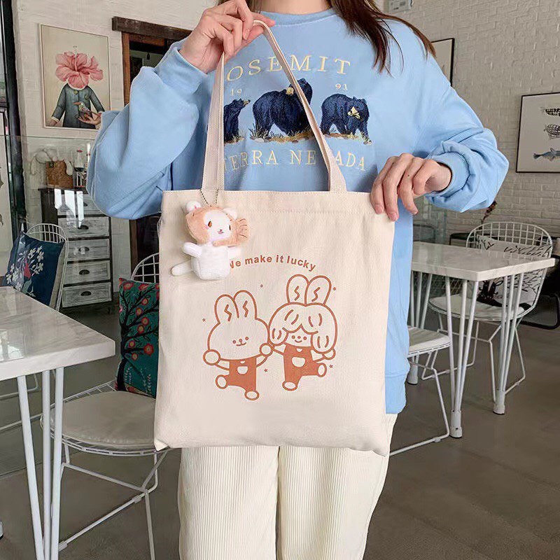 Túi Tote Vải Canvas Thỏ Cute Style Ulzzang Đi Học Đi Chơi Xinh Xắn Có Khóa Kéo MTT0295