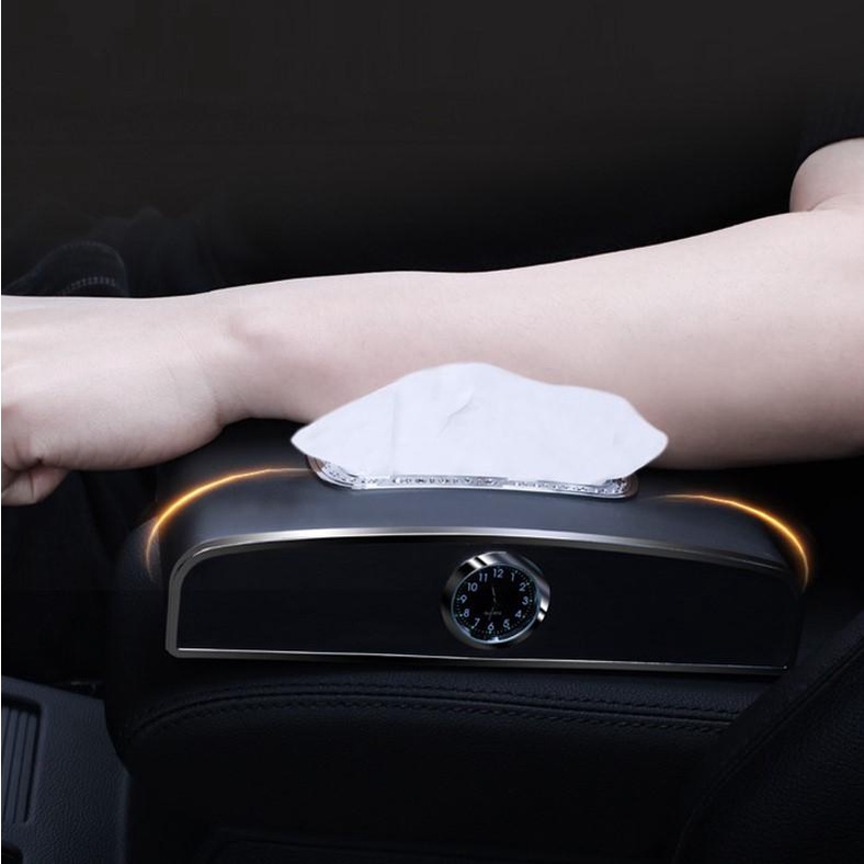 Hộp đựng giấy ăn bọc da cao cấp trên ô tô 3 chức năng tích hợp đồng hồ và bảng số điện thoại tiện lợi