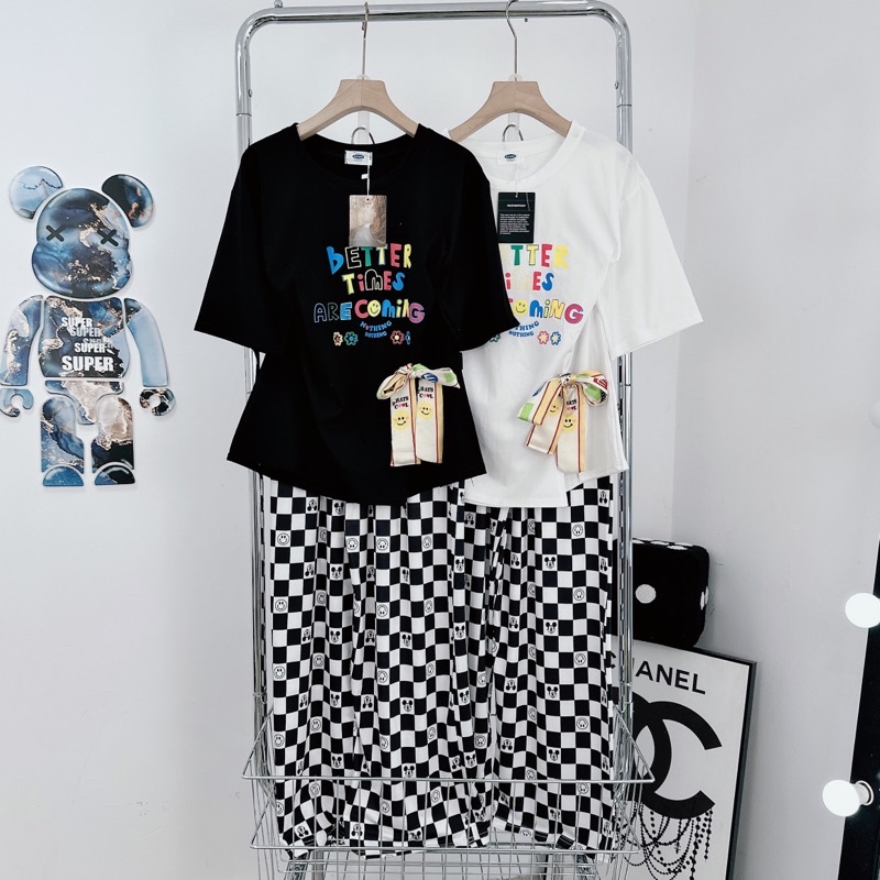 [ 𝐅𝐑𝐄𝐄 𝐒𝐇𝐈𝐏 ] Set áo phông mặt cười nơ cài mix quần suông caro hot hit Áo cotton tàu mềm đẹp, xẻ hông chuẩn mẫu