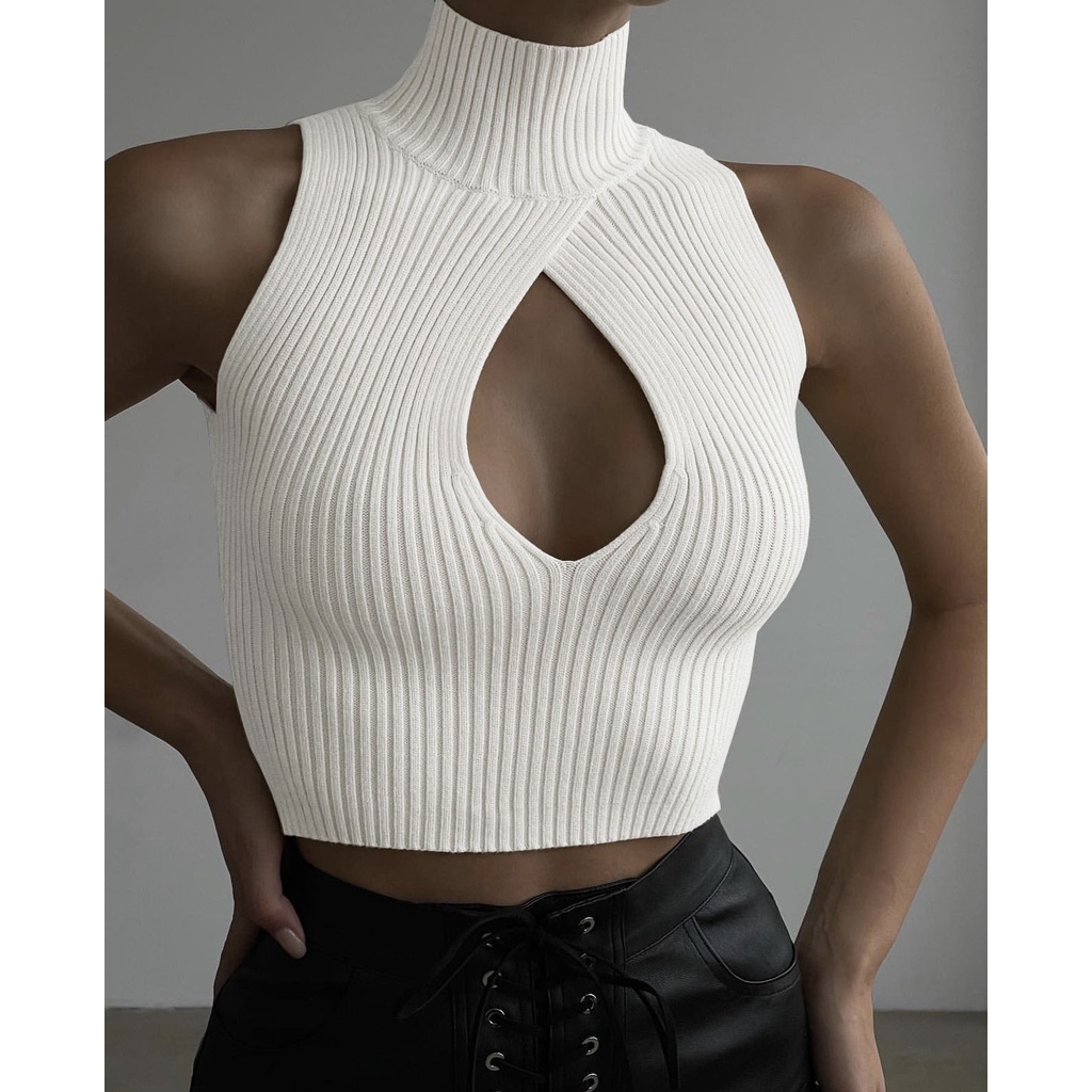 Cocory vn Áo Crop top Đan Len Cổ Cao 7 Màu Sắc Phong Cách Mỹ Quyến Rũ Cho Nữ