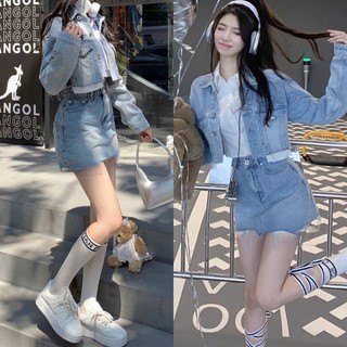 Set áo sơ mi croptop áo khoác jeans kèm chân váy