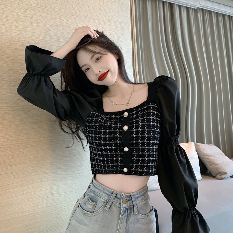 COZOKC Áo sweater Tay Phồng Dài Cổ Vuông Sọc Ca Rô Xinh Xắn Thời Trang