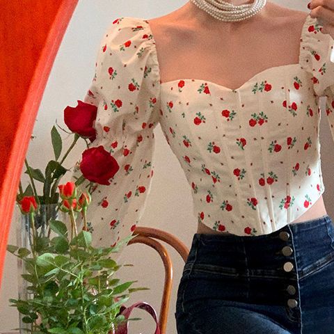 COZOK Áo kiểu COZOK tay phồng cổ vuông họa tiết hoa phong cách vintage thời trang