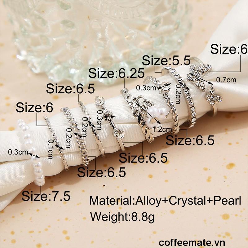 【coffeemate】⚡ Set 9 nhẫn bạc ngọc trai pha lê thanh lịch Bộ nhẫn mỏng rỗng cho nữ phụ kiện trang sức