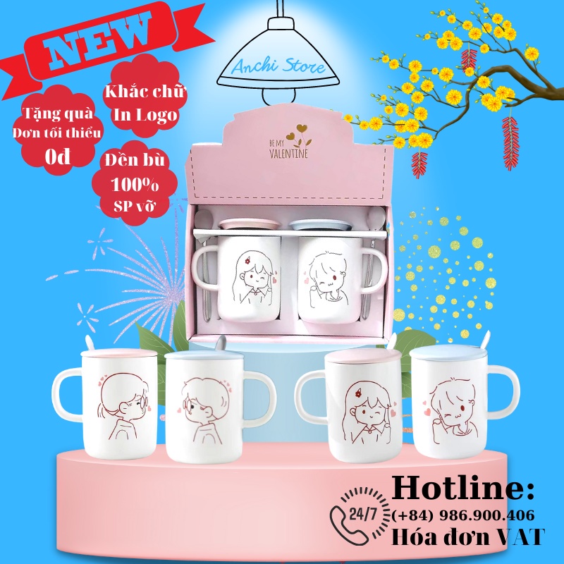 Ly cốc sứ CẶP ĐÔI dễ thương, ly sứ uống nước có nắp kèm thìa quà tặng người yêu ý nghĩa cực đẹp 400ml