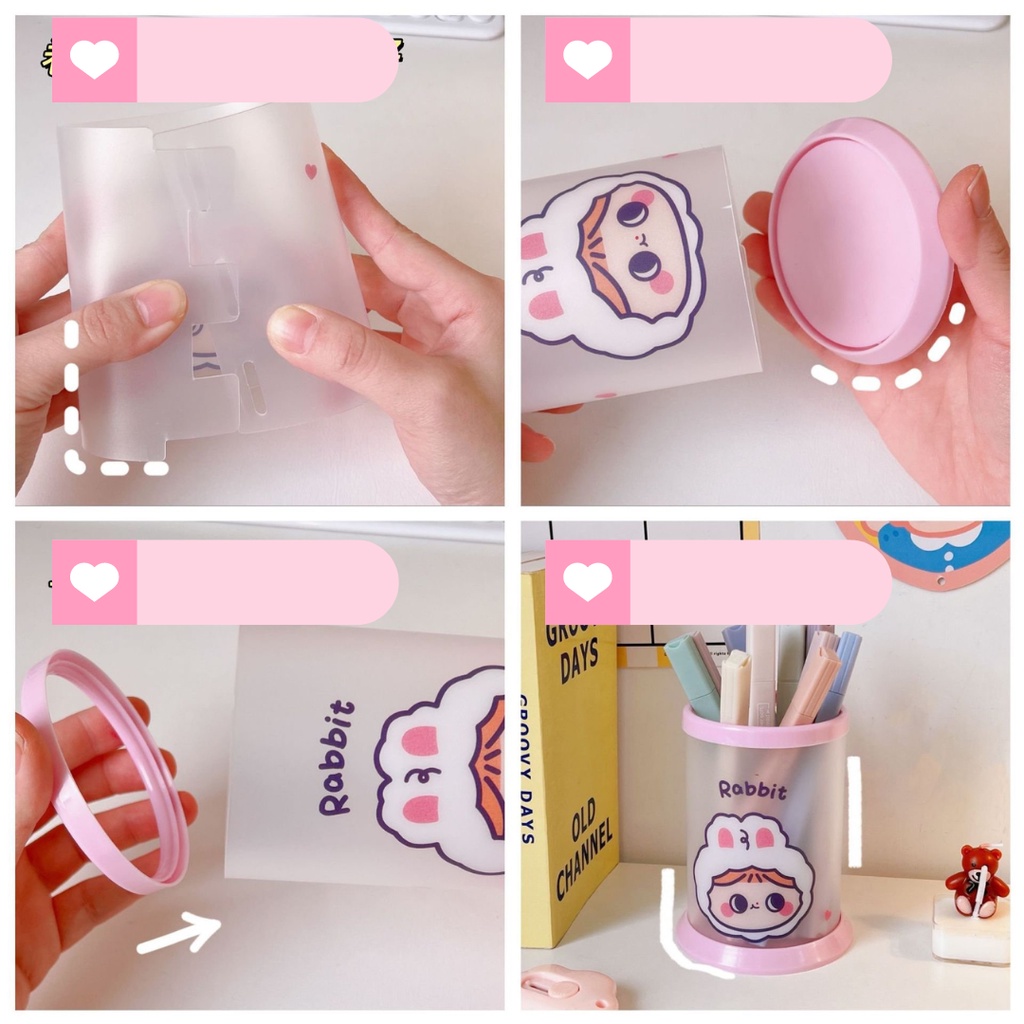 Ống Cắm Bút Hình Tròn Tự Lắp Ghép Chất Liệu Nhựa Cứng Cáp, Hoạ Tiết Cute Dễ Thương