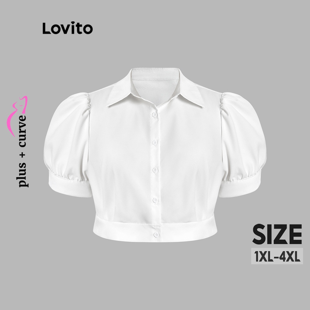 Áo kiểu Lovito phối nút tay phồng màu trơn thường ngày tôn đường cong size lớn cho nữ LPS07014 (Màu trắng)
