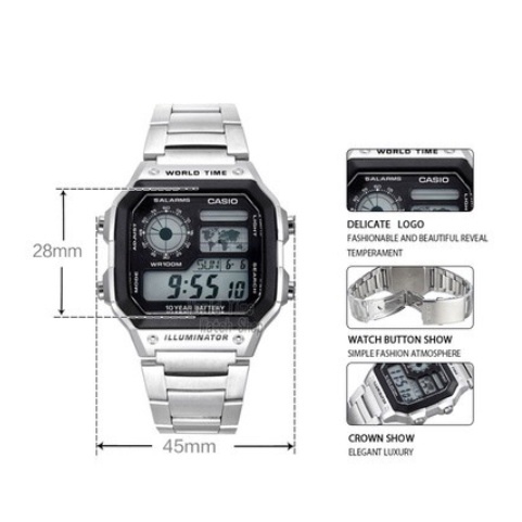 ĐỒNG HỒ NAM NỮ  AE1200 WHD Dây Kim loại chống nước tốt mặt vuông đủ màu