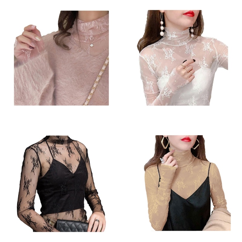 Áo Thun Dài Tay Phối Ren Hoa Xuyên Thấu Thời Trang Đường Phố Cho Nữ