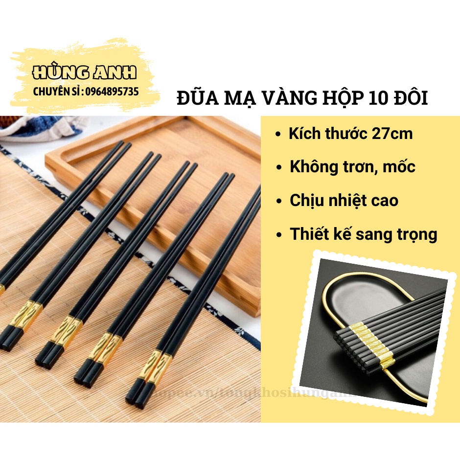 Đũa Mạ Vàng Hộp 10 Đôi, Bộ 10 Đôi Đũa Hợp Kim Mạ Vàng (có hộp đựng) Chống Trơn Trượt, Chống Mốc Cao Cấp HA221
