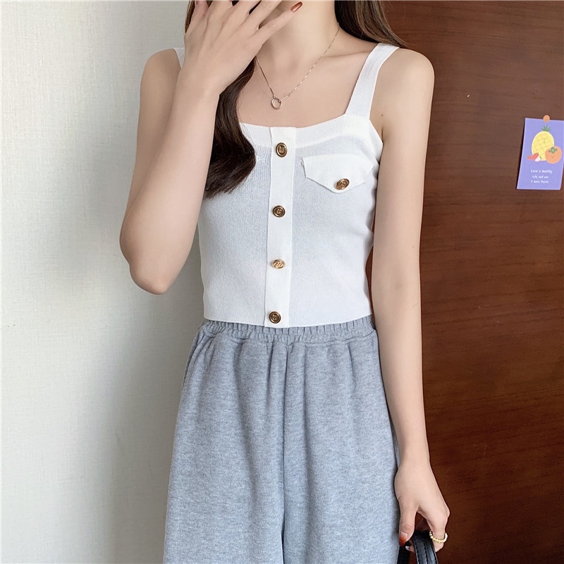 Áo Dệt Kim Hai Dây Dáng Ngắn Đơn Giản Hợp Thời Trang