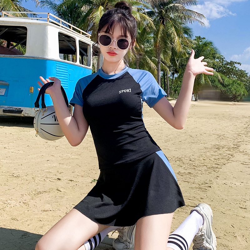 Đồ bơi nữ kín đáo tay ngắn- Bikini đi biển 2 mảnh áo tắm có tay váy xoè- đồ bơi học sinh nữ