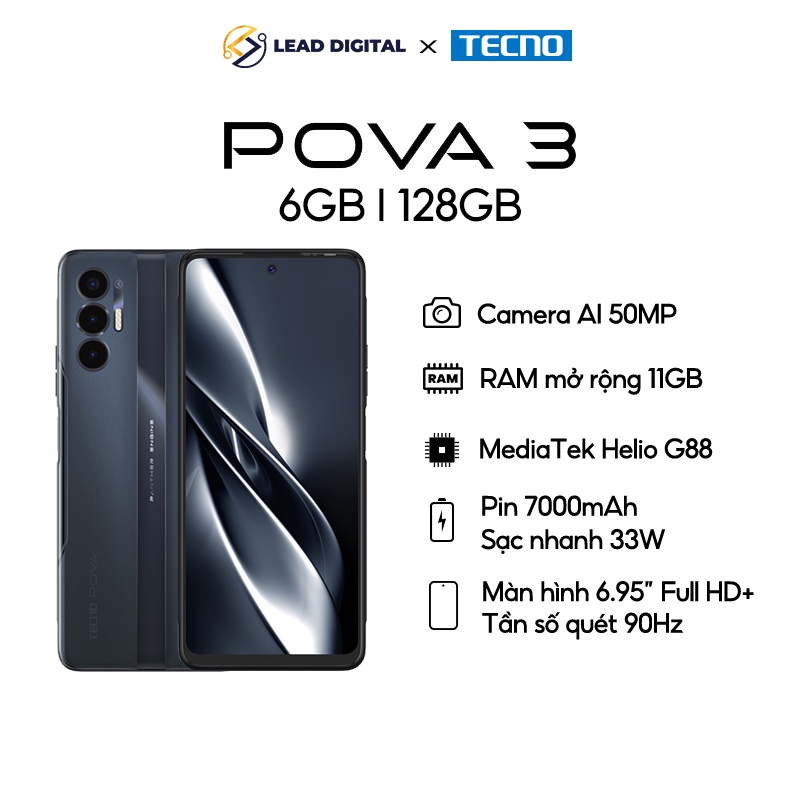 Điện thoại Gaming Tecno POVA 3 (6+5GB)/128GB-Helio G88|7000 mAh|Sạc nhanh 33W-Chính hãng | BigBuy360 - bigbuy360.vn