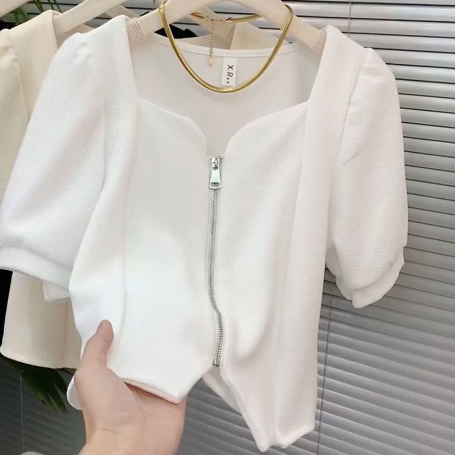 Áo Cardigan Cổ Vuông Tay Phồng Phối Khóa Kéo Phong Cách Pháp Thời Trang Mùa Hè Mới Cho Nữ