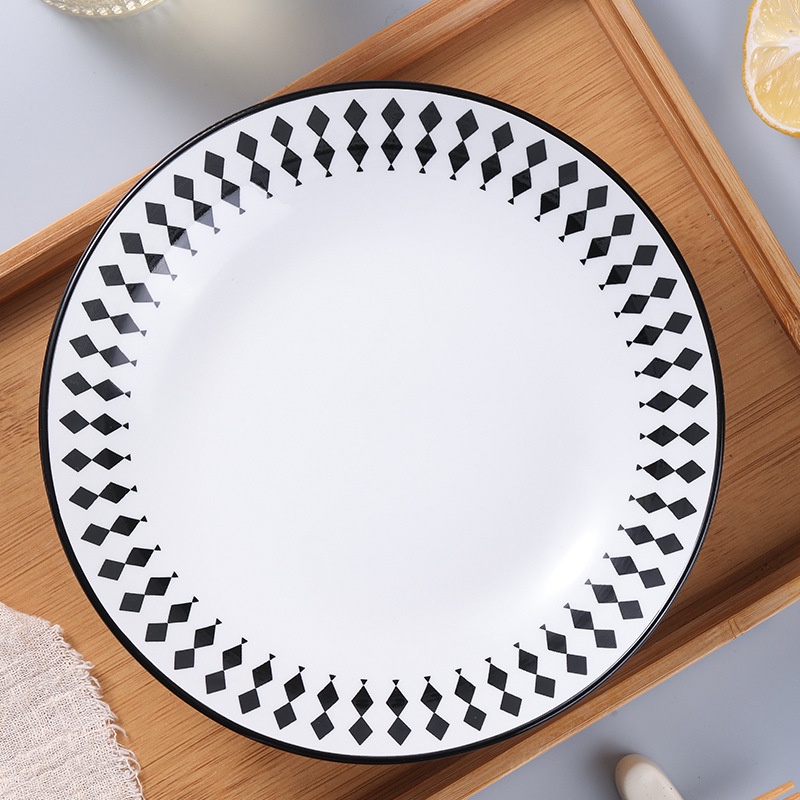 Dĩa tròn 18cm sâu lòng  họa tiết đen sang trọng nhiều mẫu- 01 cái dĩa bằng gốm sứ hoa văn đơn giản