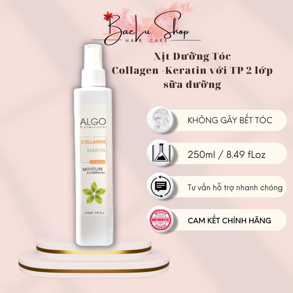 Xịt dưỡng tóc collagen keratin Algo phục hồi và bảo vệ tóc tối đa khỏi nhiệt và tia UV, dưỡng tóc thơm lâu 250ml