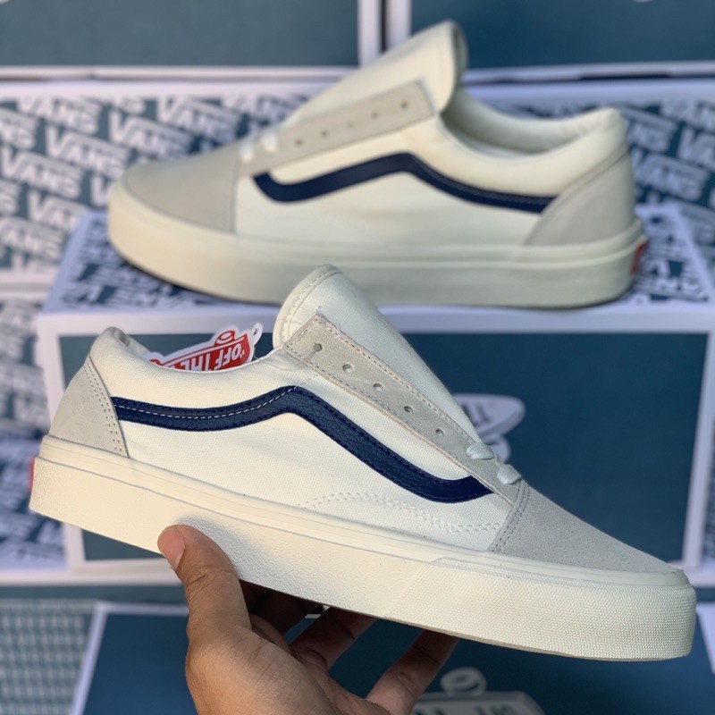 Giày thể thao nam nữ Vans vault old skool màu trắng xanh - Giày Vans old skoll màu trắng vệt xanh than navy Full Box