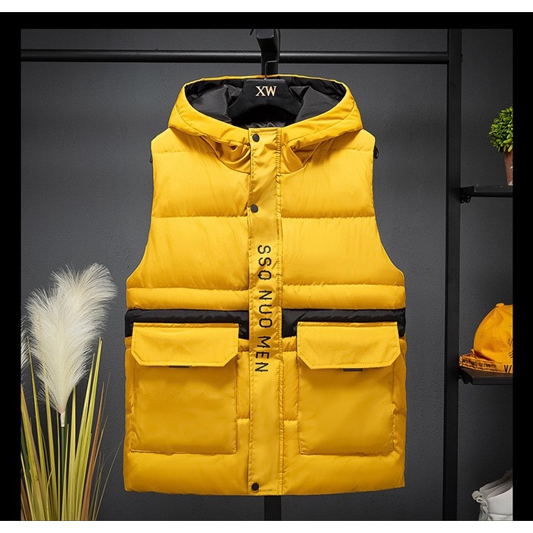 Áo Khoác Gile Phao Không Tay Hoodie Có Nón Vàng Cá Tính Form Unisex Nam Nữ