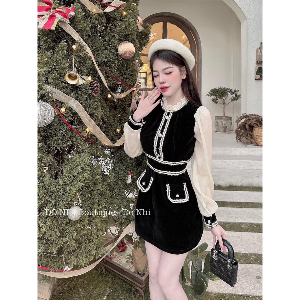 [3.3 Sales Freeship] Đầm thiết kế, đầm nhung chữ A cổ bèo phối viền trắng đính nút tay voan trằng đi tiệc sang trọng mtb