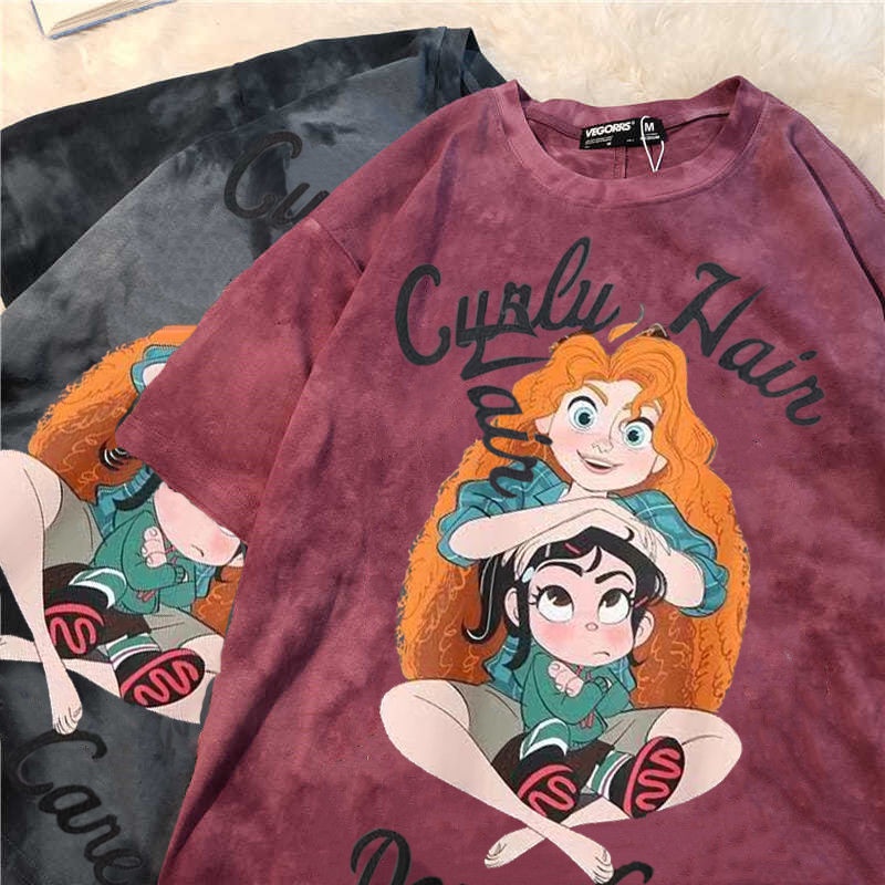 Jiashucheng Áo Thun Tay Ngắn Nhuộm Màu Họa Tiết Hoạt Hình Thời Trang Mùa Hè Cho Cặp Đôi