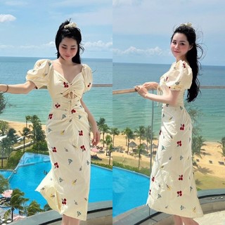 (Hàng L1) Váy Maxi Hoa Nhí Rút Ngực Tay Bồng 2 Lớp, Đi Tiệc Đi Biển Hàng Loại 1i