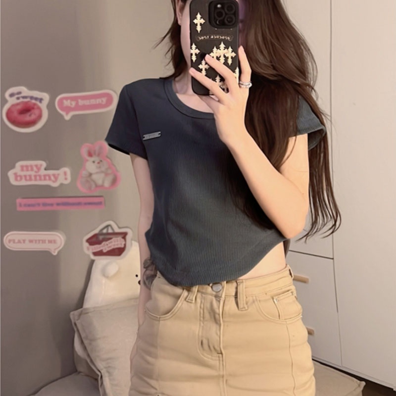 Áo thun XINLANYASHE ngắn tay màu trơn lưng cao thời trang dành cho nữ