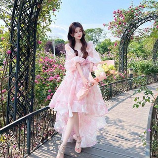 Đầm Cổ Vuông Tay Phồng In Hoa Phong Cách Pháp Sang Trọng Thời Trang Mùa Hè Cho Nữ