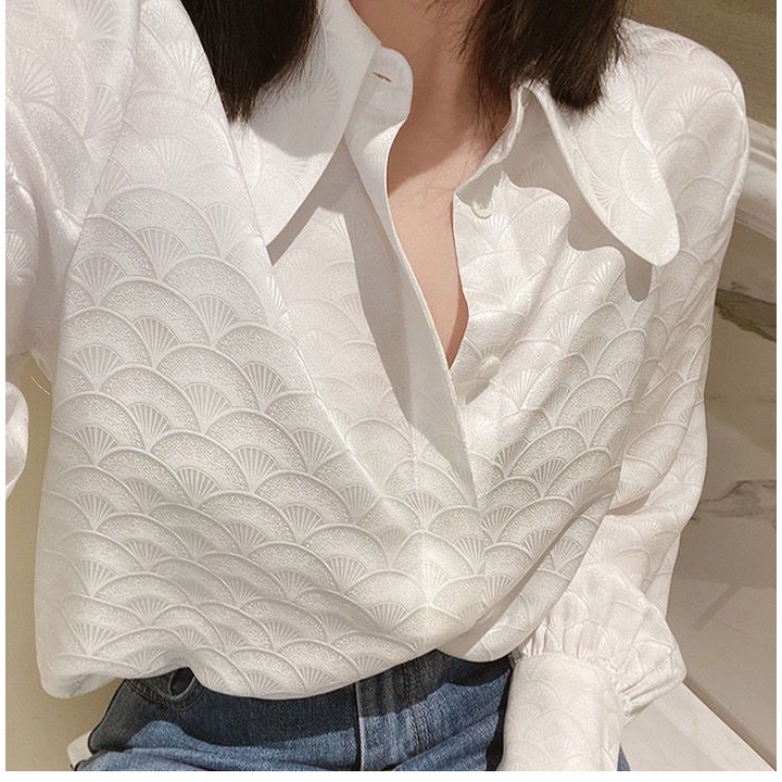 Áo Sơ Mi Trắng jacquard Cao Cấp Phong Cách Pháp Cổ Điển Hợp Thời Trang Cho Nữ