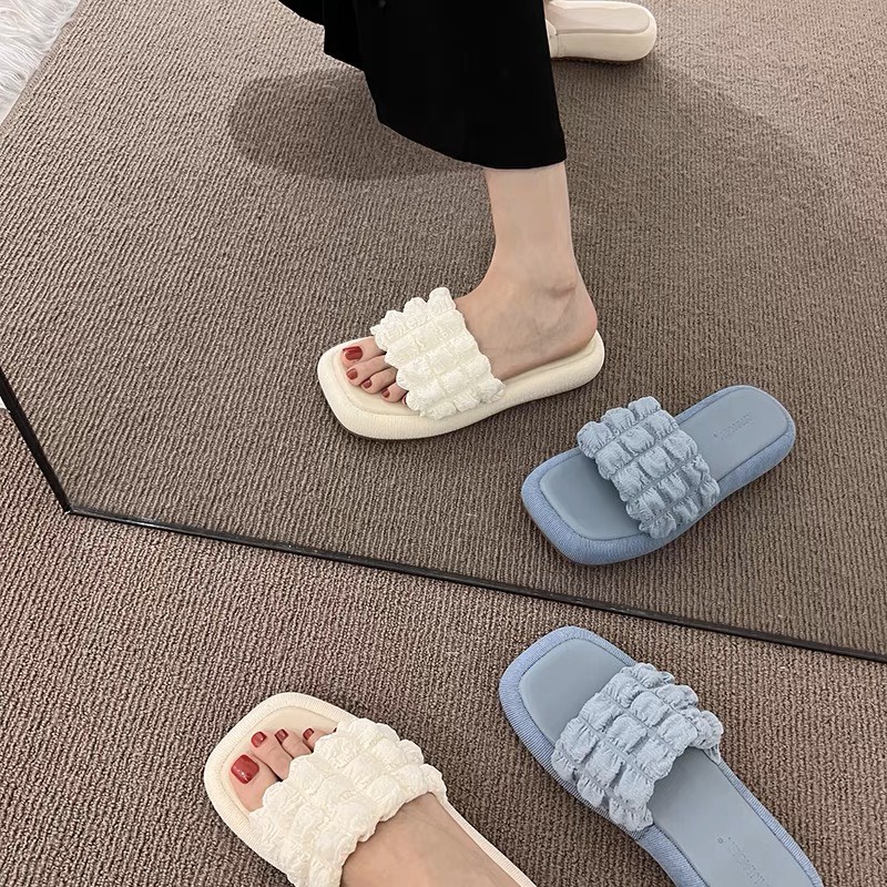 Dép nữ,Dép lê bèo nhúm kẻ ô 2 màu đen, trắng dễ mang mã NMS01