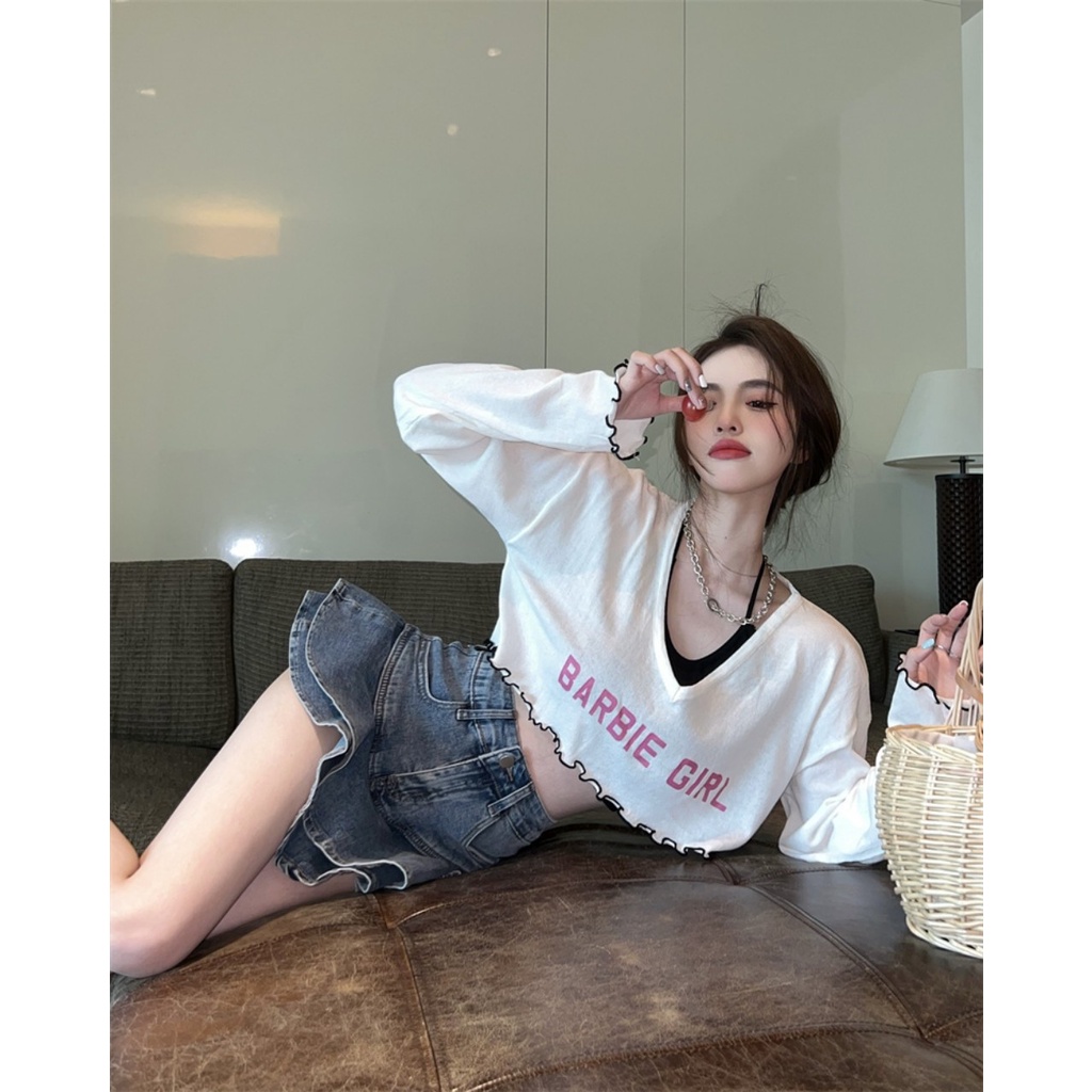 Áo croptop nữ BARBIE GIRL màu hồng và trắng ,Áo dài tay phong cách Đường Phố | BigBuy360 - bigbuy360.vn