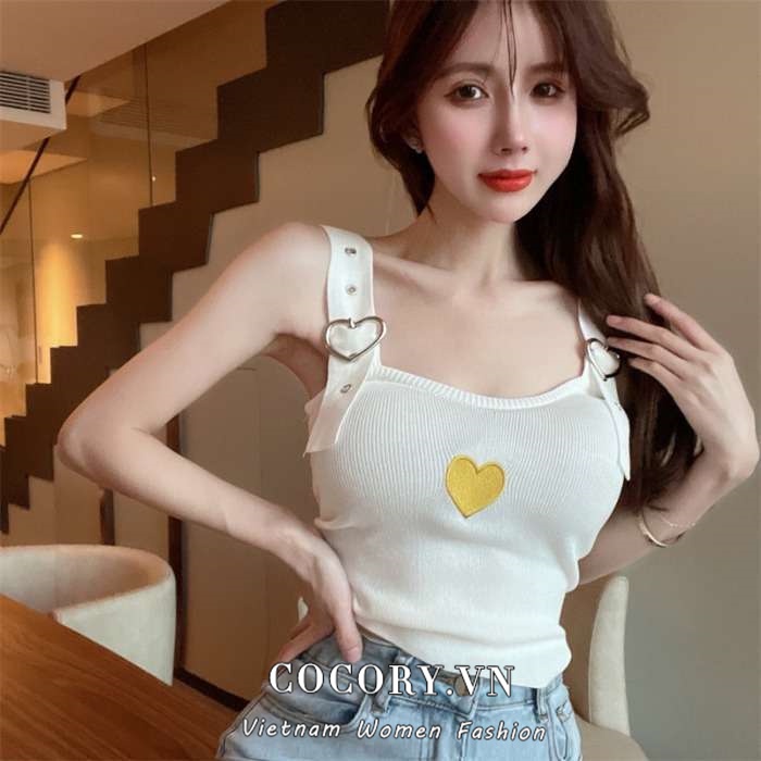 Cocory vn Áo Hai Dây Mỏng Thêu Hình Trái Tim Cảm Giác Dễ Phối Đồ Cho Nữ
