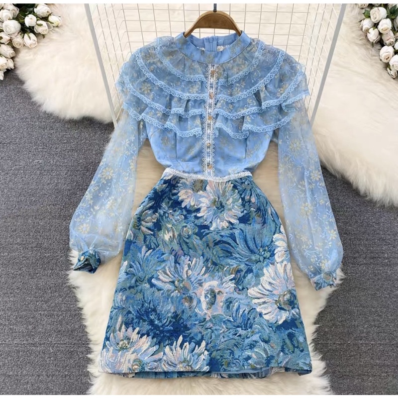 Đầm ren xanh cao cấp họa tiết hoa đủ size