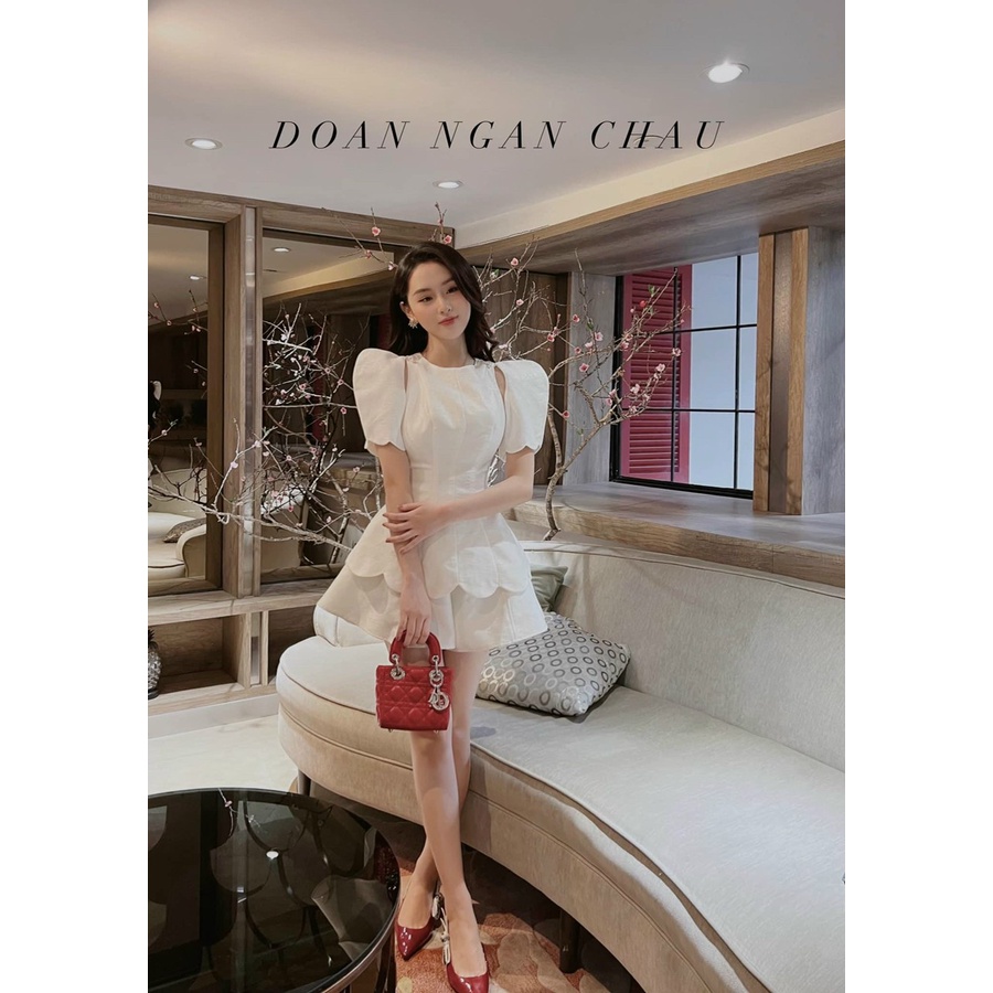 [3.3 Sales Freeship] Đầm xòe tiểu thư nữ khoét vai tay phồng, đầm cut vai cổ tròn xòe 2 tầng chất tapda nhẹ nhàng dx