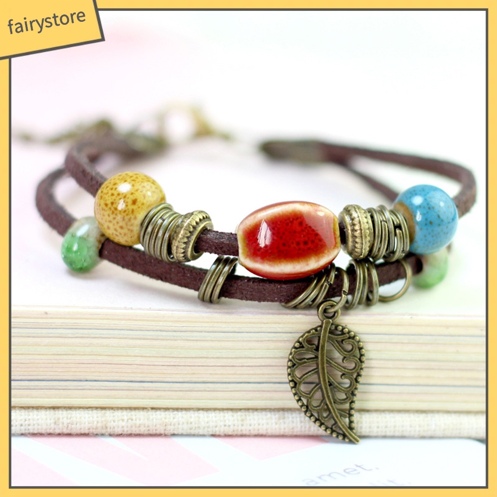 Vòng Tay Da Giả Hai Lớp Đính Hạt Và Lá Sứ Phong Cách Bohemian Fairy1 [Fairy1] Cho Nữ