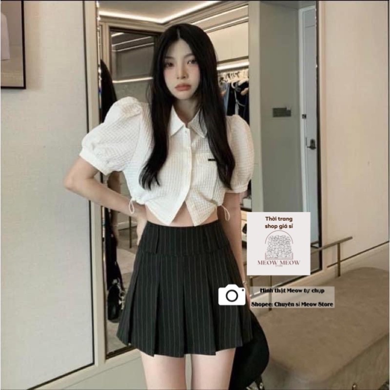 Áo sơ mi Xốp croptop vai phồng dây rút hông phối nắp túi gắn logo Ulzzang siêu đẹp