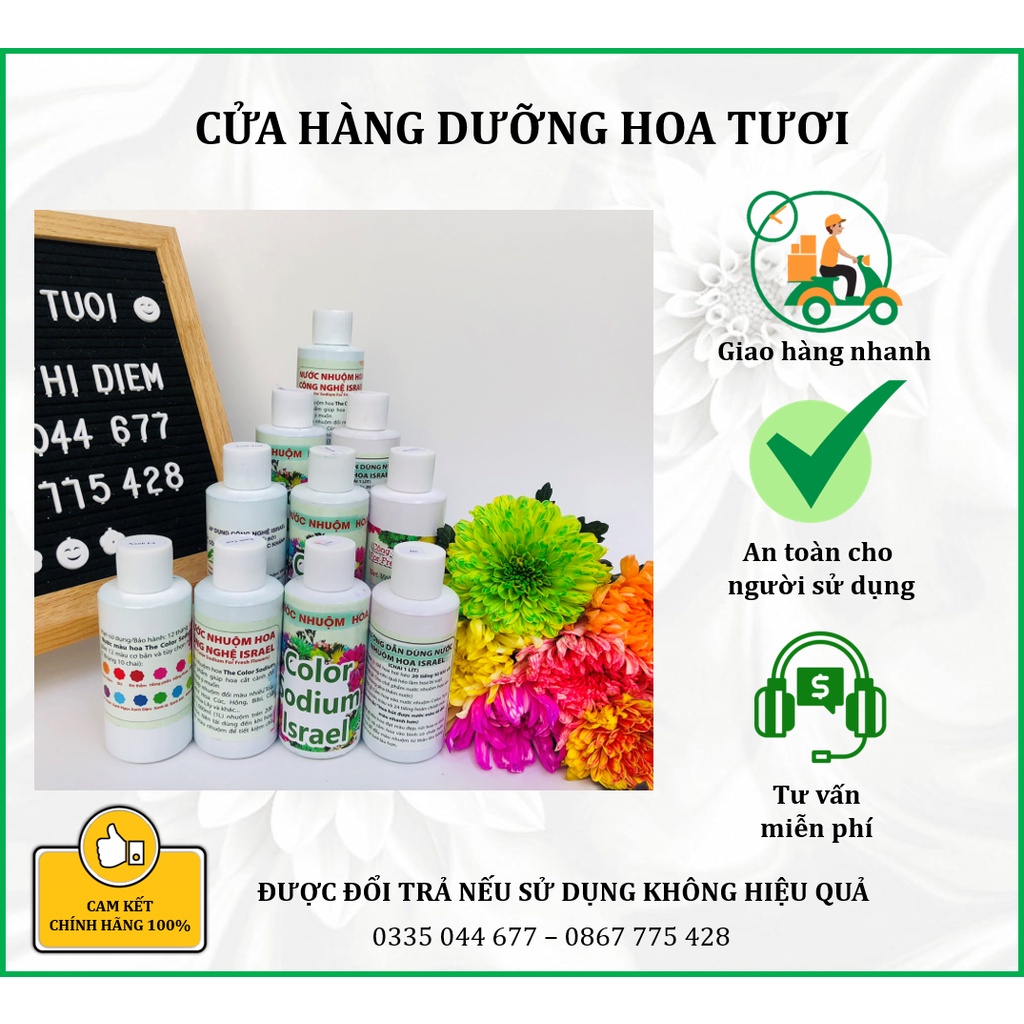 Thuốc nhuộm hoa tươi đổi màu theo công nghê Israel, màu nhuộm hoa, lên chuẩn, nước nhuộm hoa lên chuẩn màu, tươi hoa