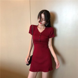 váy len ôm body ulzzang cổ v sexy hàng quảng châu (ảnh thật cuối)