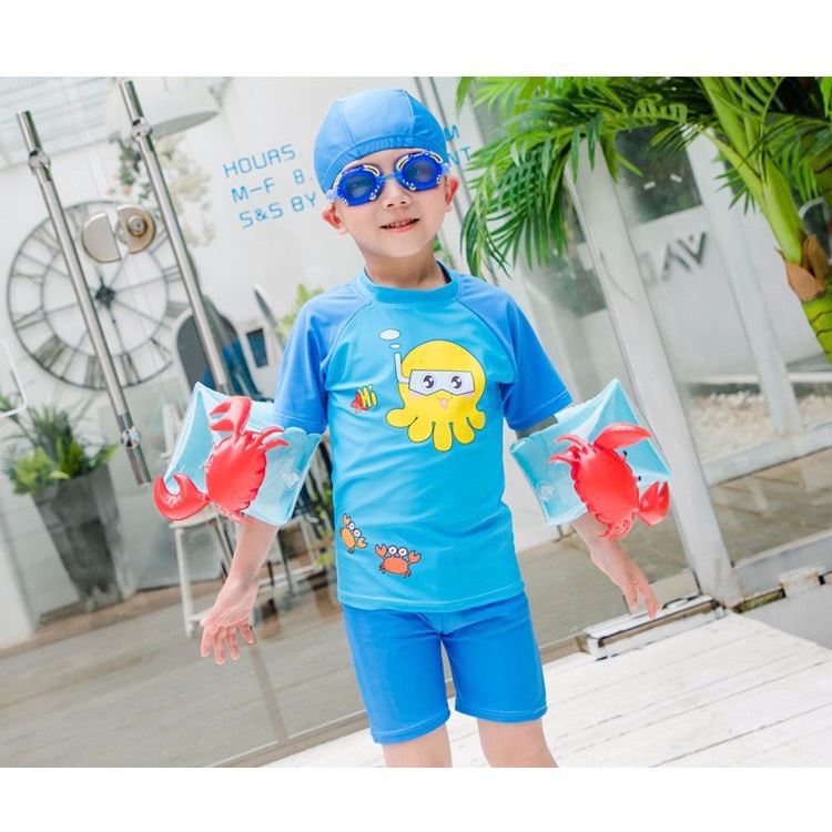 Bộ Đồ Bơi Trẻ Em Kèm Mũ Dành Cho Bé Trai In Hình Dễ Thương Vải Co Giãn Thoáng Mát